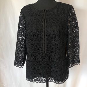 TALBOTS black embroidered lined top. 3/4 sleeves. Size Small.
